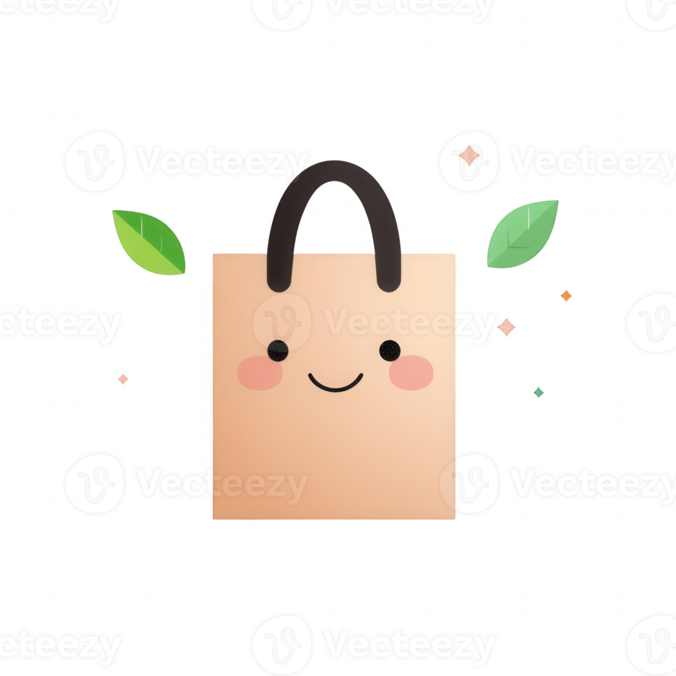 A cute and cheerful eco-friendly shopping bag with a happy face and leaves. png