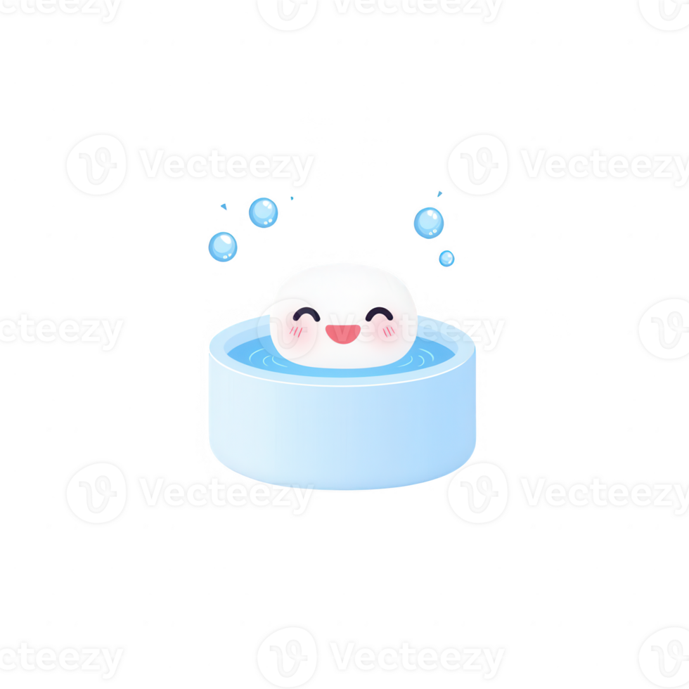 A cute, happy character relaxing in a refreshing bath with bubbles and water. png