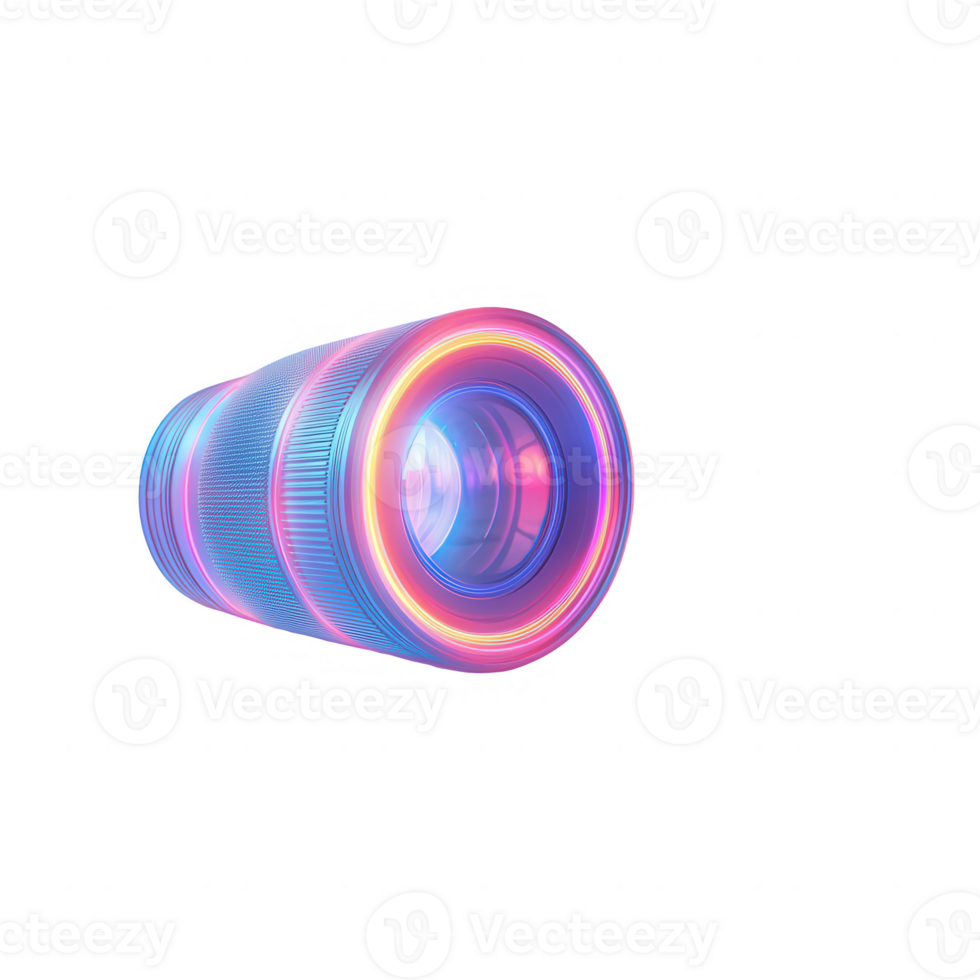 A futuristic lens with vibrant colors and reflections, representing advanced optics. png