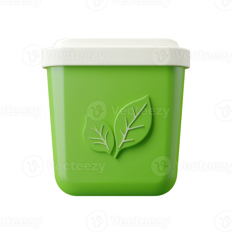 A green recycling bin with a leaf design, symbolizing eco-friendly practices. png