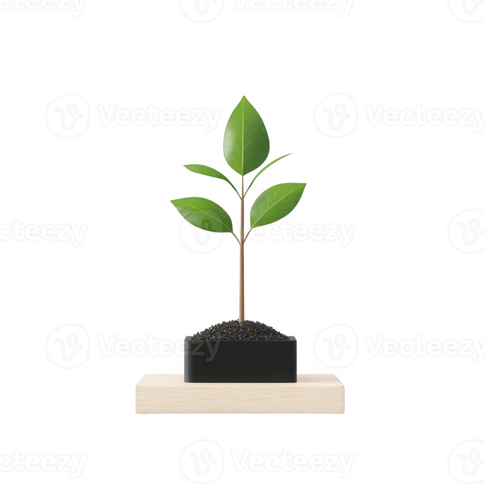 A small potted plant with vibrant green leaves on a minimalist wooden base. png
