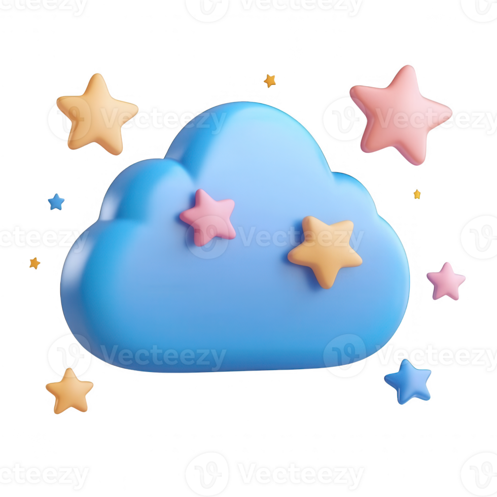 A whimsical 3D cloud with colorful stars, perfect for creative and playful designs. png