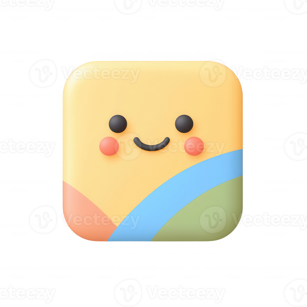 Bright and cheerful digital icon featuring a smiling face and colorful design elements. png