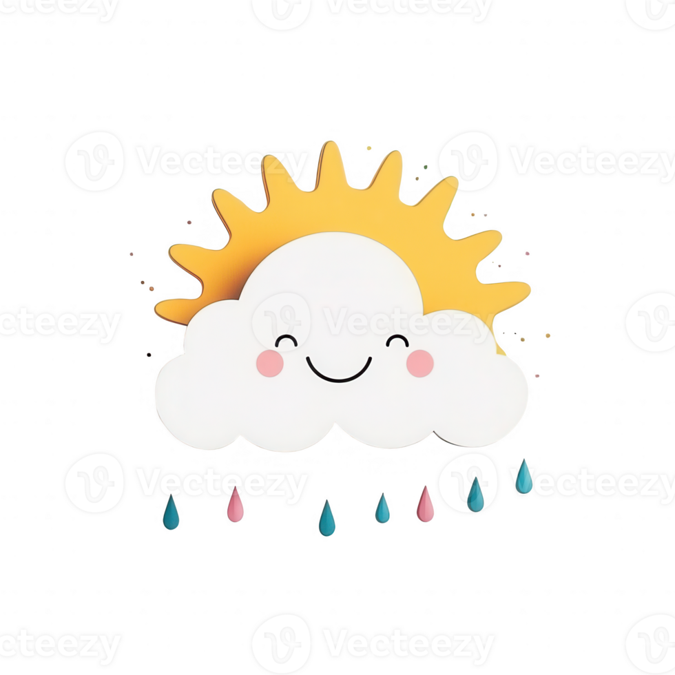 Cheerful illustration of a sun and cloud with raindrops, representing weather changes. png