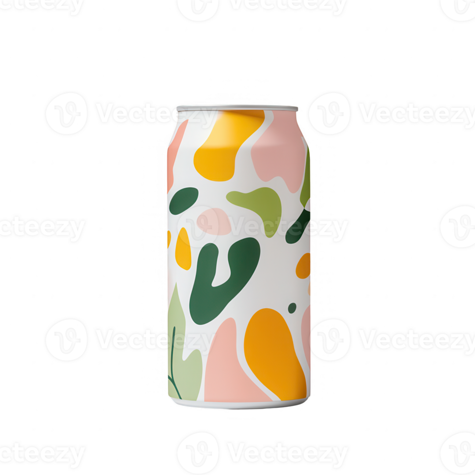 Colorful beverage can with abstract design against a simple background. png