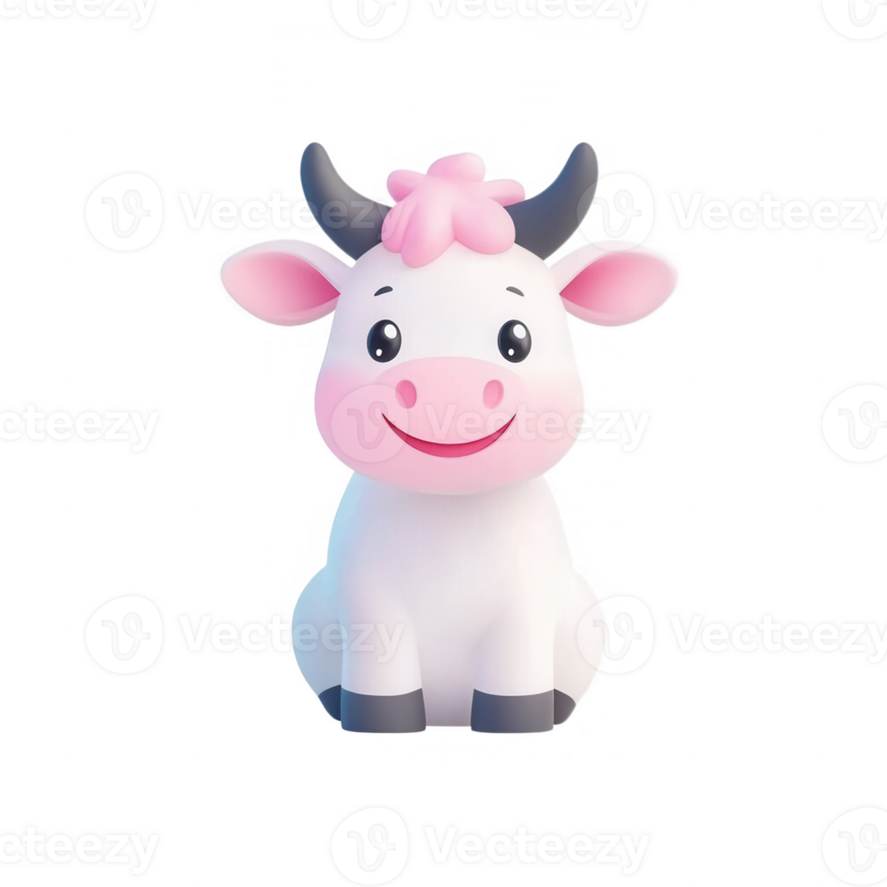 Cute cartoon cow with a smiling face and pink accents, perfect for children's illustrations. png