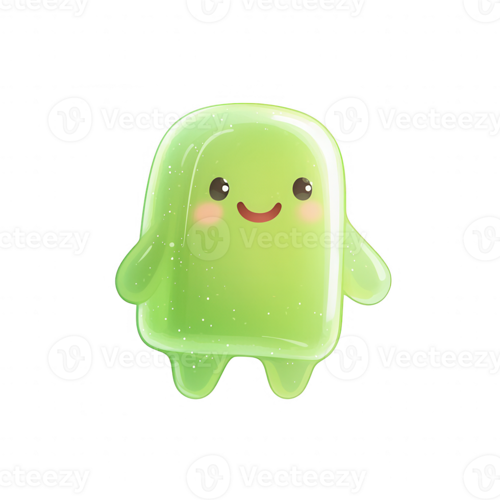 Cute green jelly character with a smiling face and sparkling texture. png