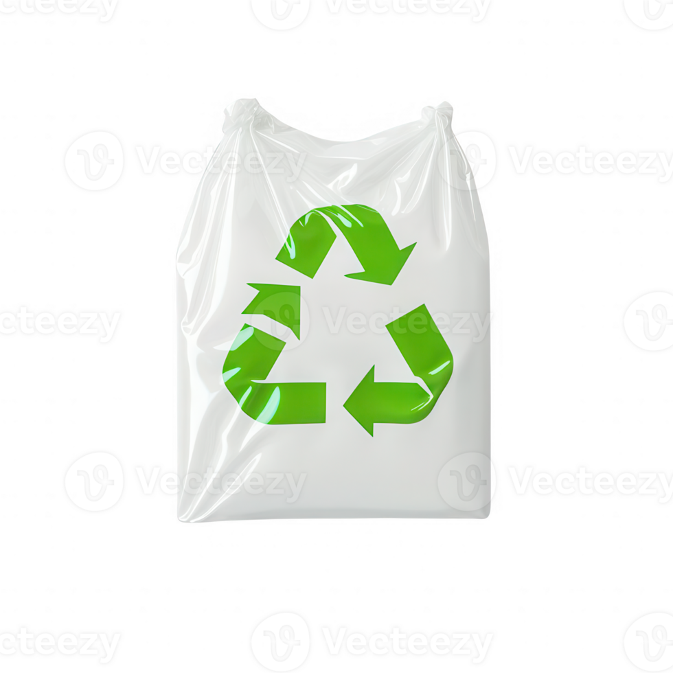 Eco-friendly plastic bag with a green recycling symbol promoting sustainability. png