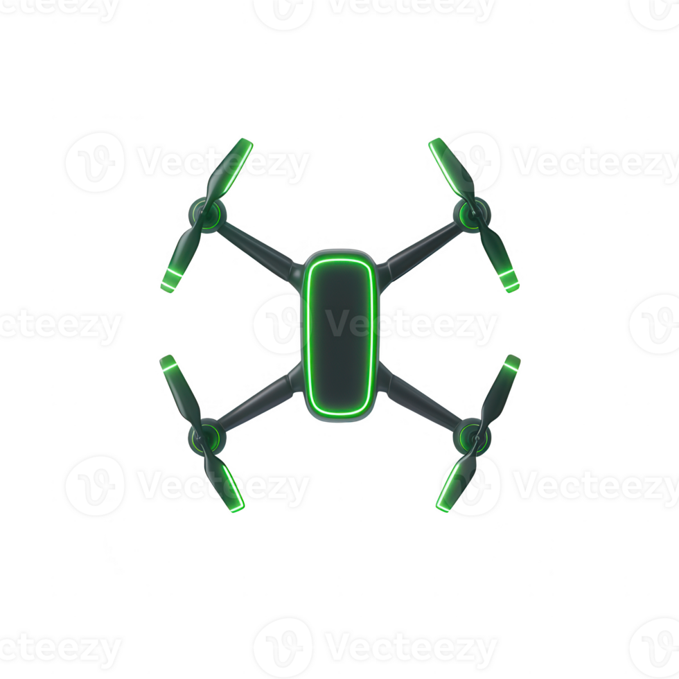 Futuristic drone design with vibrant green lights and sleek structure, perfect for aerial tasks. png