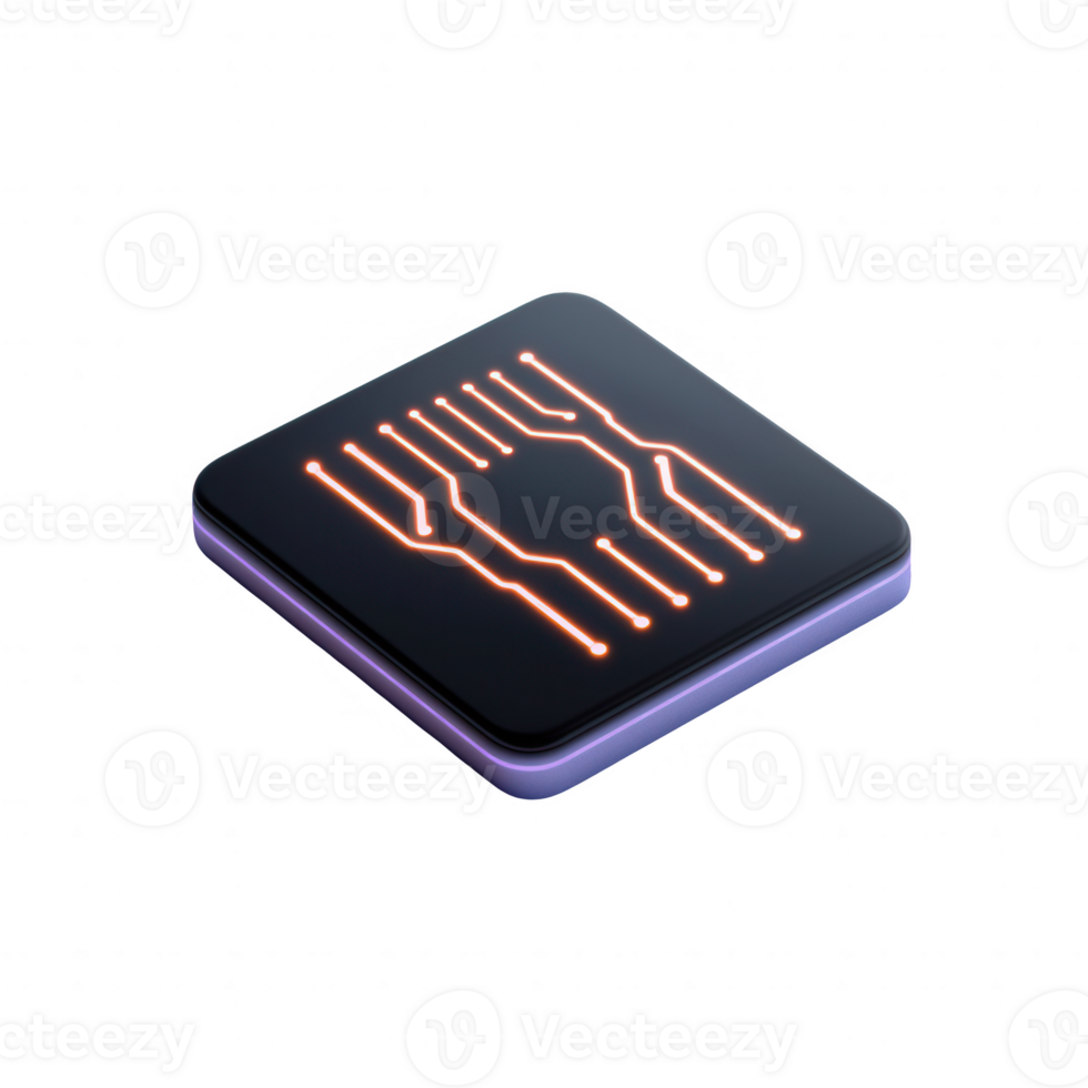 Futuristic microchip design with glowing circuit patterns on a sleek surface. png