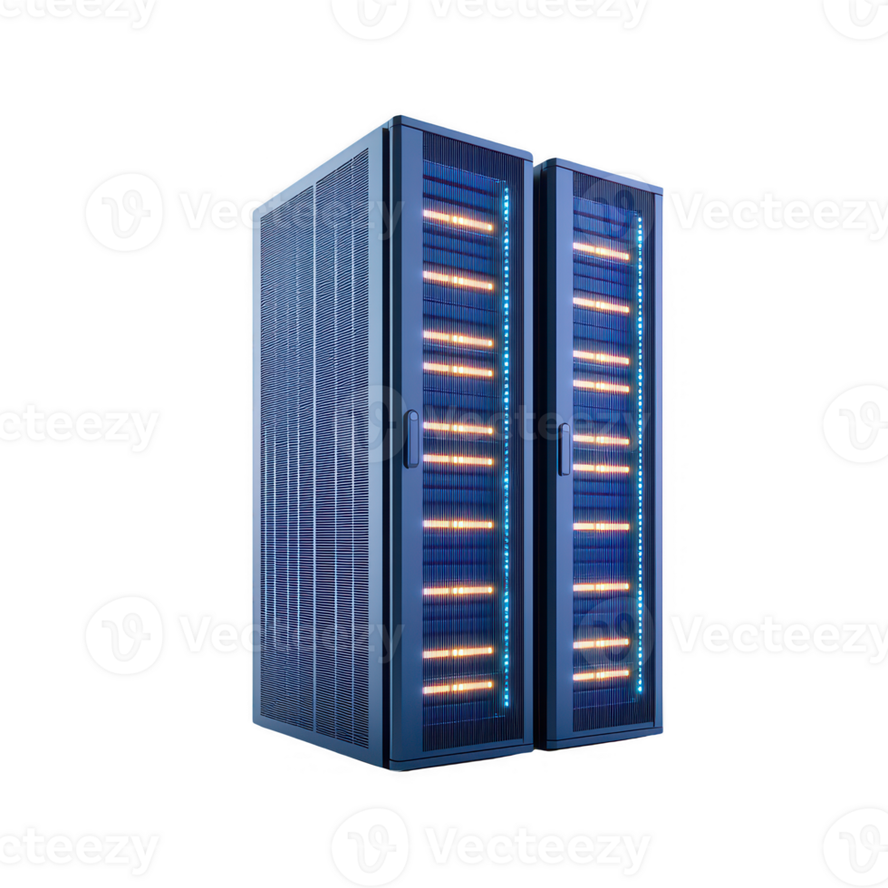 Futuristic data server with glowing lights and advanced cooling technology. png