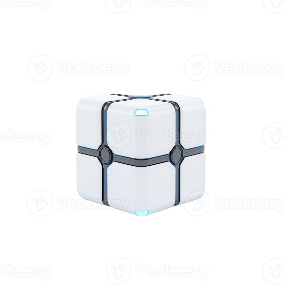 Futuristic white cube design with glowing accents for modern tech applications. png
