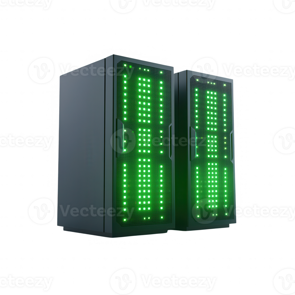 High-performance servers with glowing green lights for data processing and storage. png
