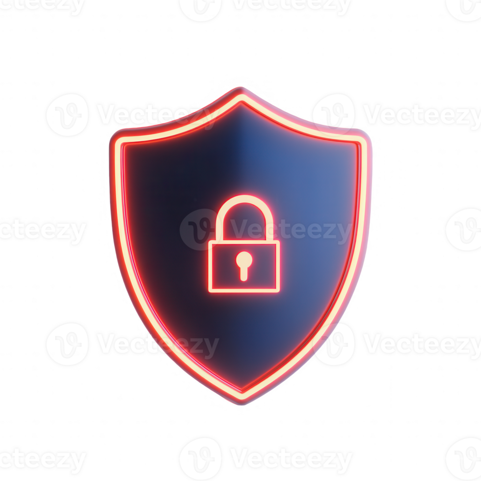 Modern digital security shield with a padlock icon and glowing neon design. png