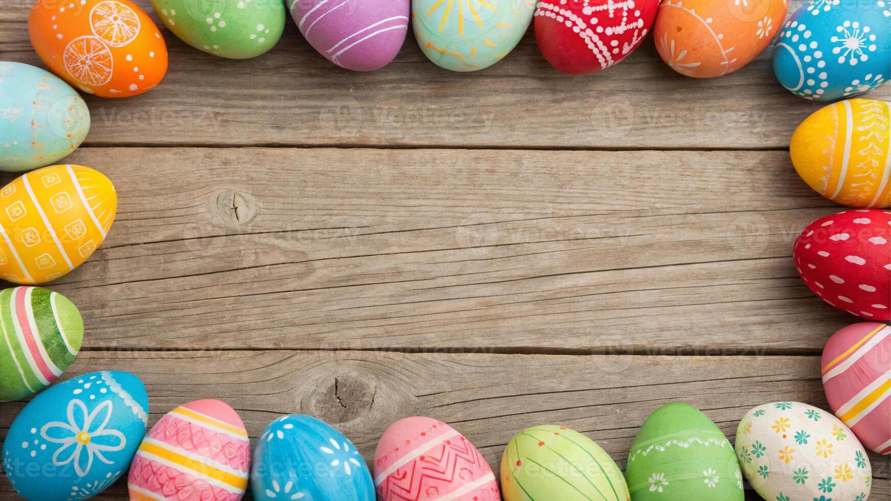 multicolored easter eggs frame on wooden background photo