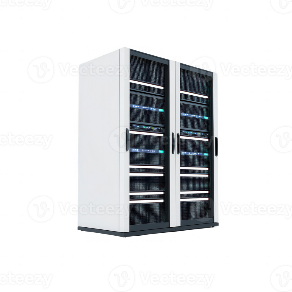Modern server rack with multiple shelves and advanced cooling features. png