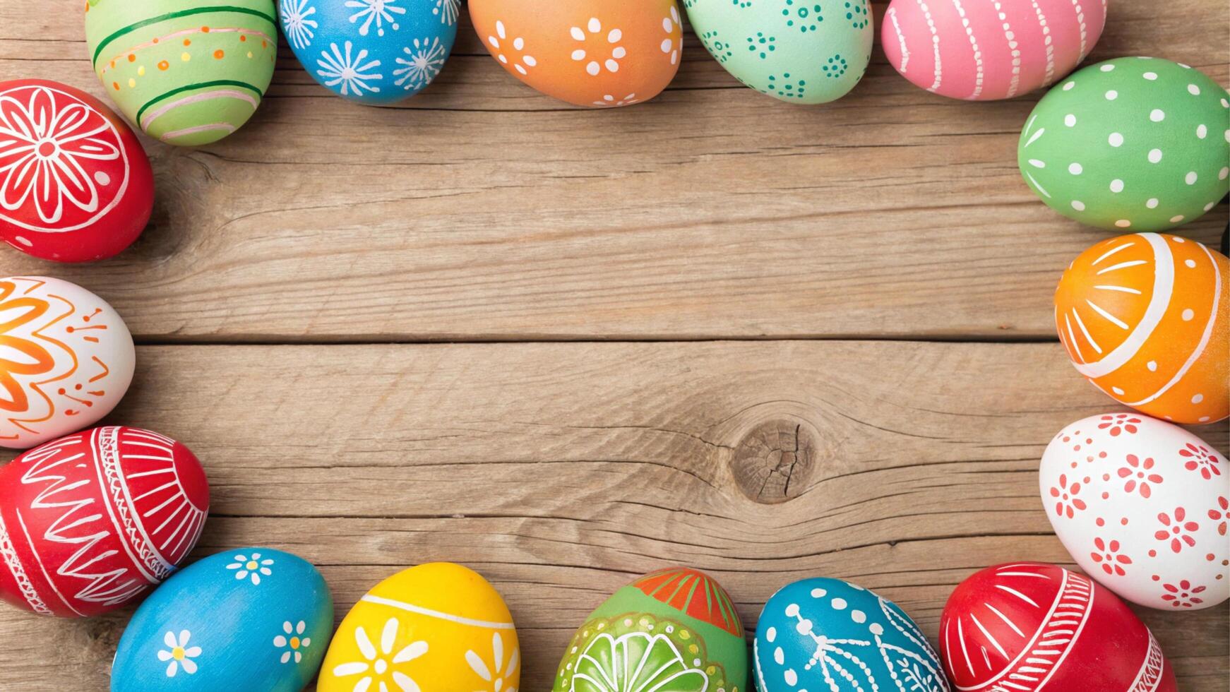 colorful easter eggs frame on wooden background photo