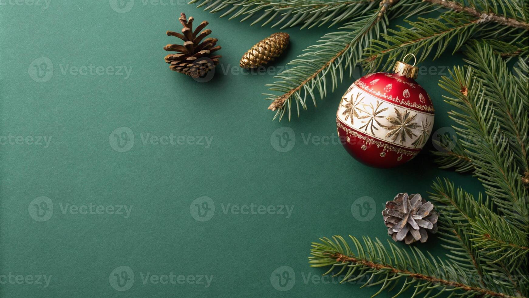 Christmas ornament and fir decoration on green background photo