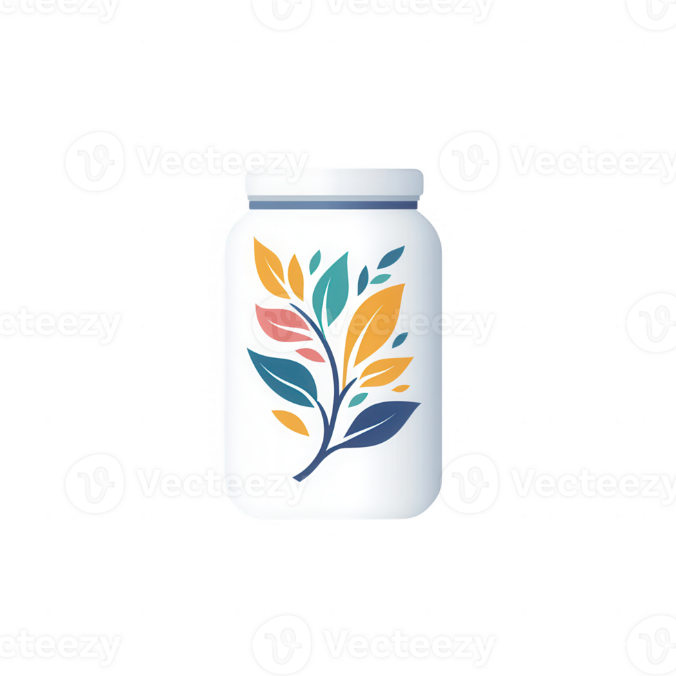 Stylish jar with colorful leaf design, perfect for natural product packaging. png