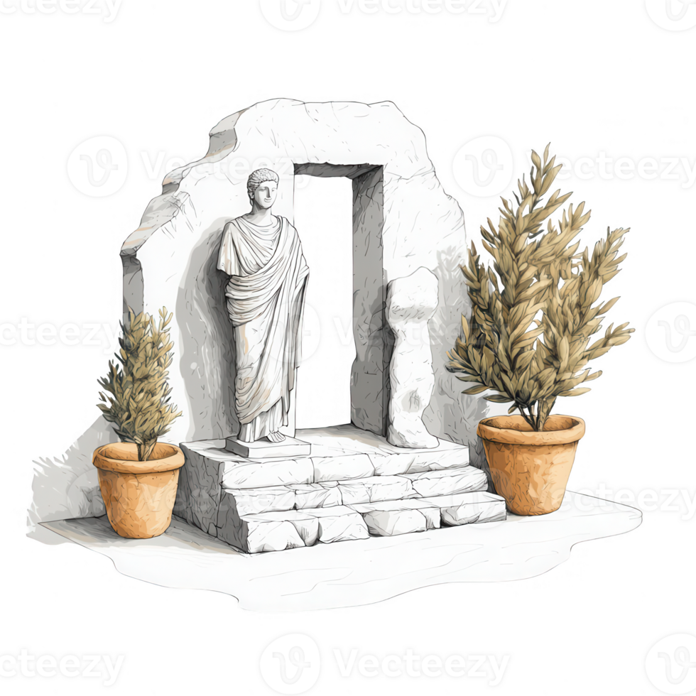 A beautiful stone archway with a statue and potted plants, symbolizing tranquility. png