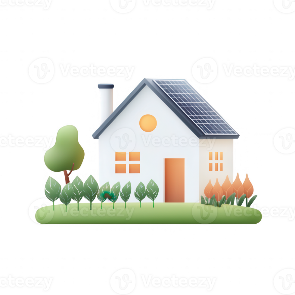 A charming house with a solar panel, surrounded by lush greenery and colorful plants. png