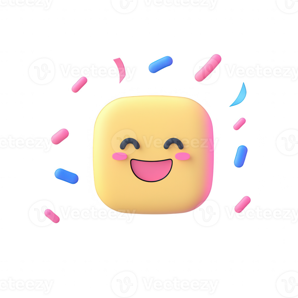 A cheerful emoji with a smiling face surrounded by colorful decorations. png