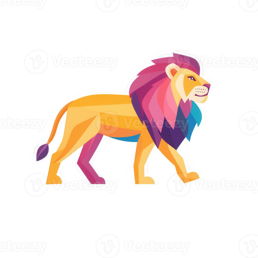 A colorful, stylized lion walking gracefully in a vibrant design. png