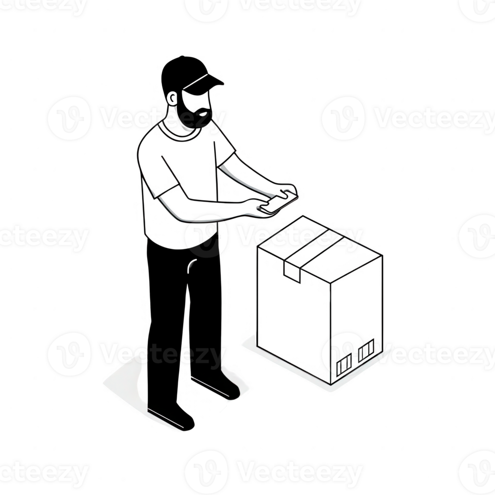 A delivery person handles a package with care and precision in a professional setting. png