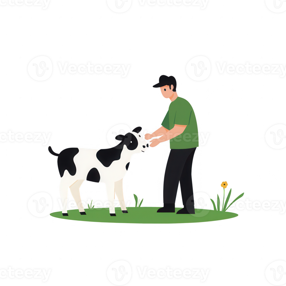 A farmer interacting with a friendly black and white cow in a green field. png