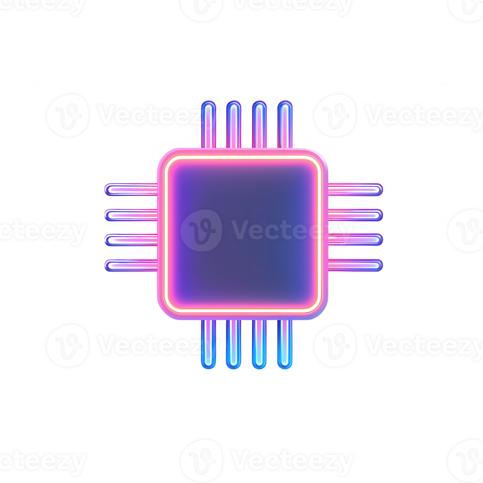 A futuristic microchip design in vibrant neon colors, representing advanced technology. png