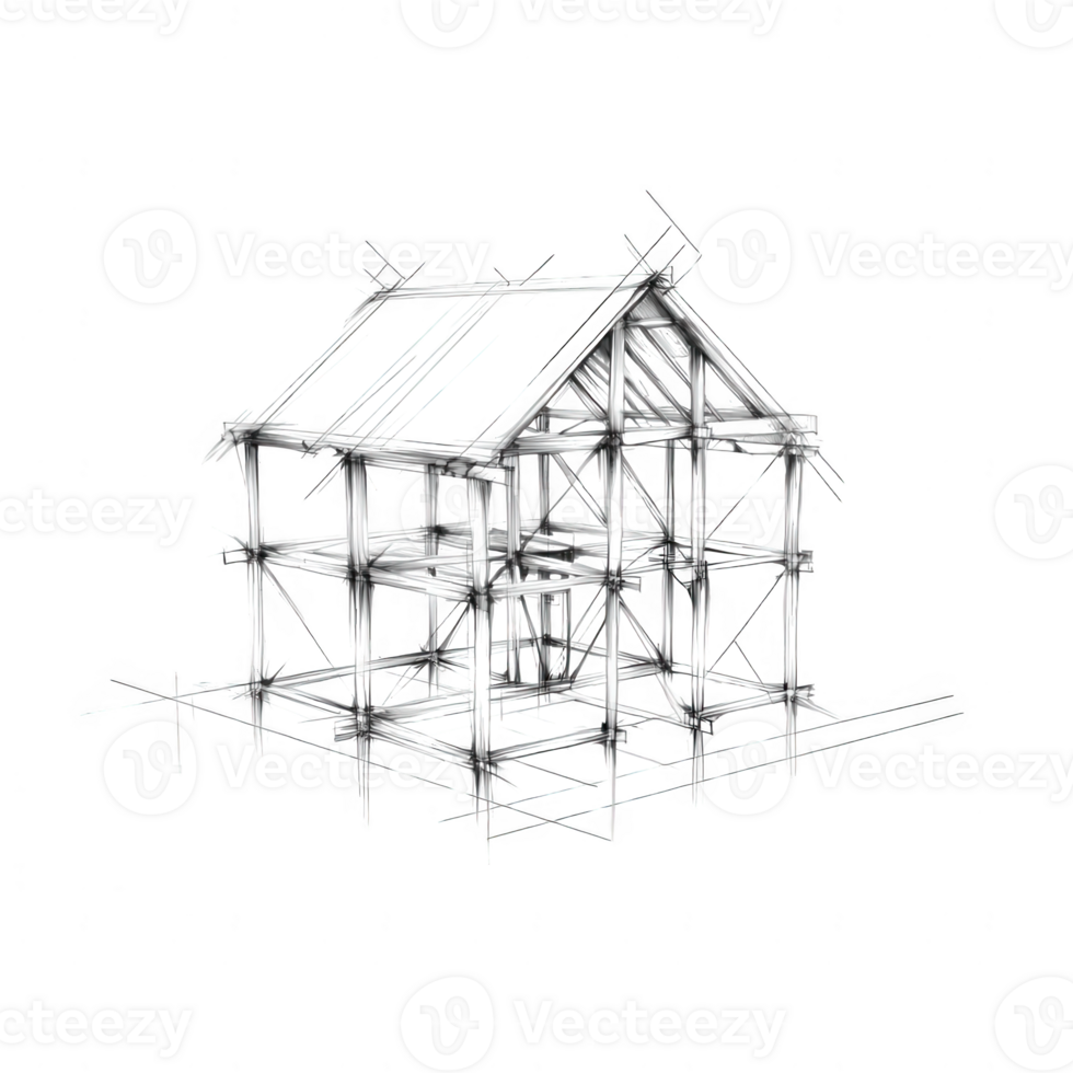 A detailed sketch of a wooden house under construction showing its framework. png