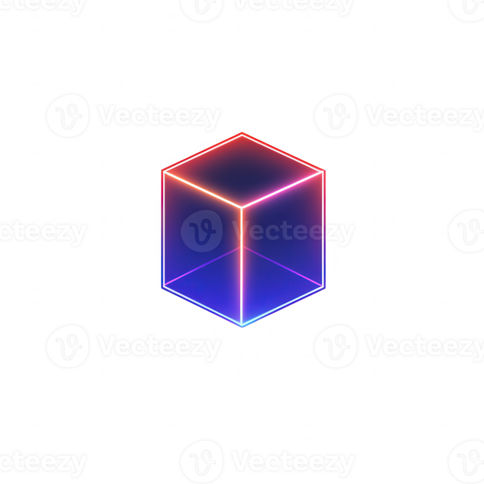 A futuristic glowing cube with vibrant colors on a dark background. png