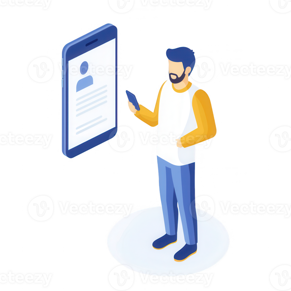 A man interacting with a smartphone displaying a profile, illustrating digital communication. png