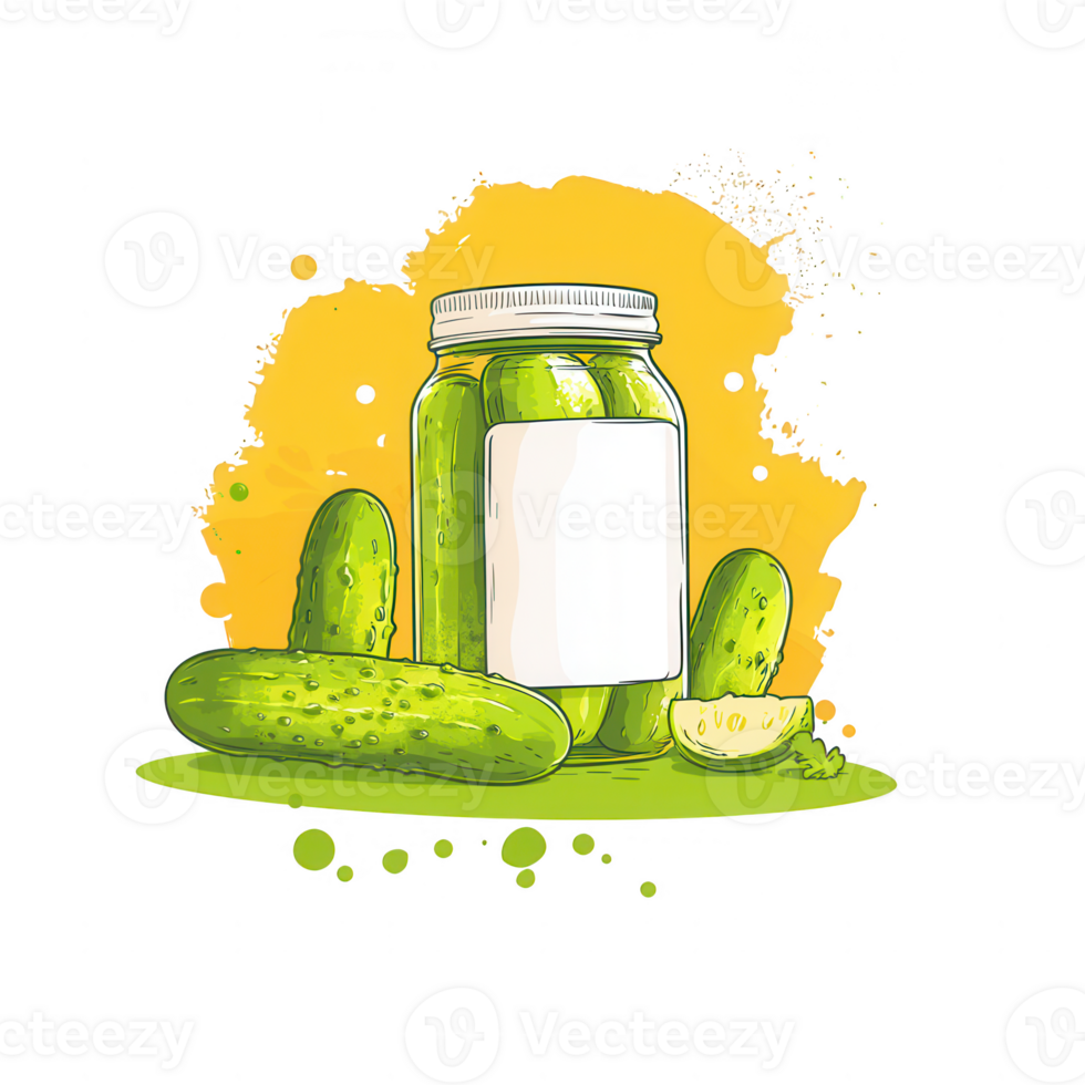 A jar of pickles with fresh cucumbers on a vibrant yellow background. png