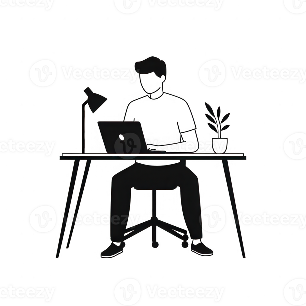 A man working at a desk, using a laptop with a plant and lamp surrounding him. png