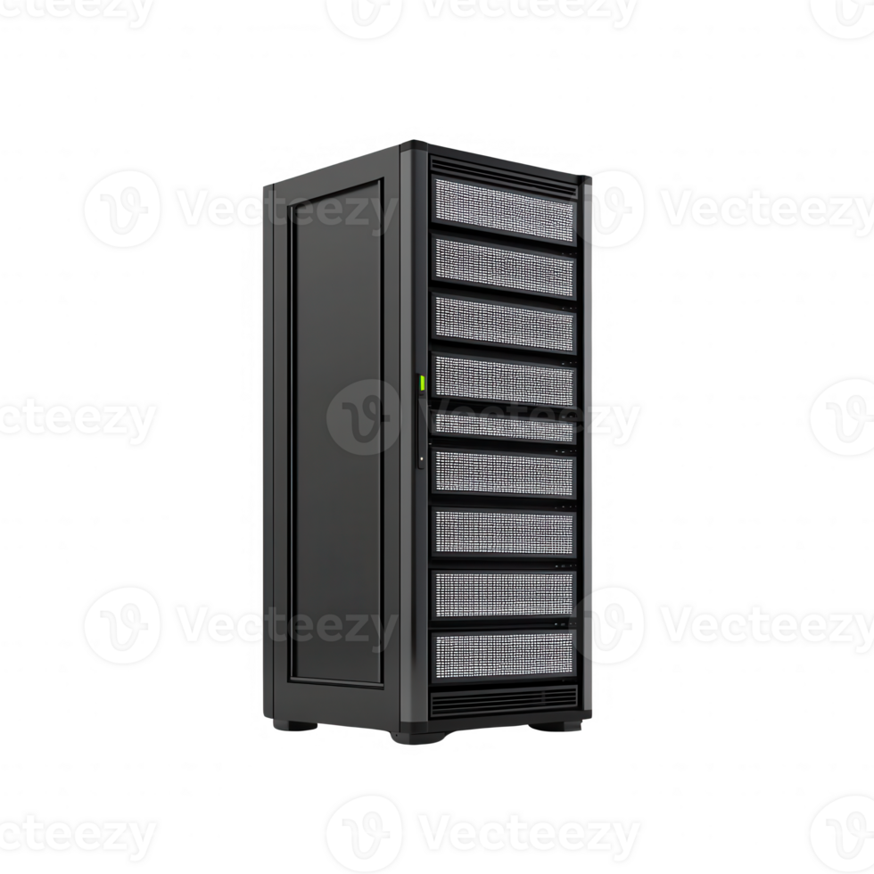 A modern black data server tower standing in a sleek, minimalist design. png