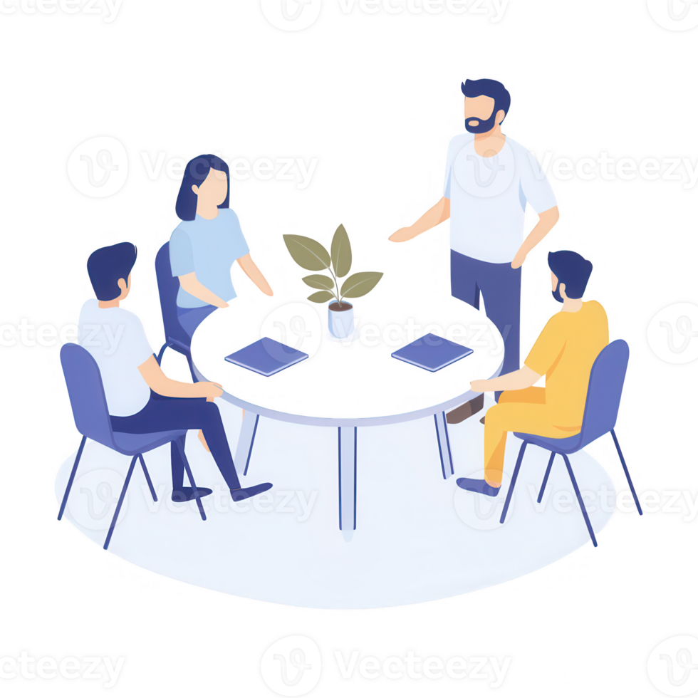A team collaborates during a meeting around a round table with digital devices. png