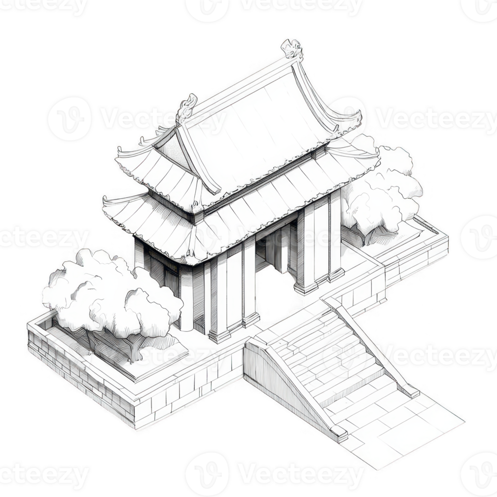 An architectural sketch of a traditional gate with trees and steps. png