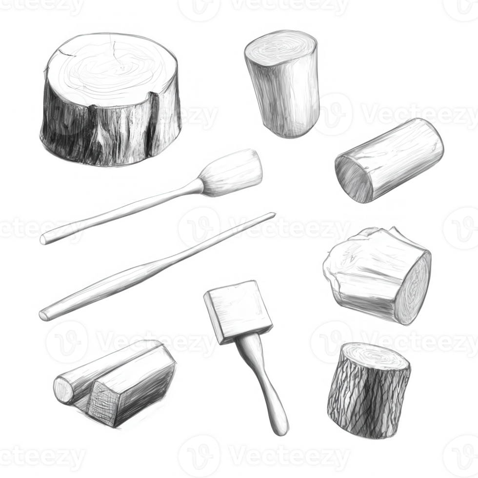 Assorted wooden tools and logs for crafts, perfect for artistic projects. png