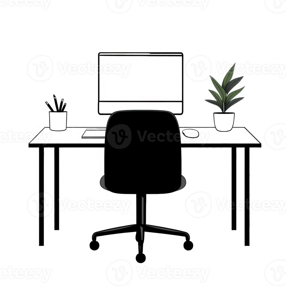 A stylish workspace featuring a desk, computer, and decorative plant. png
