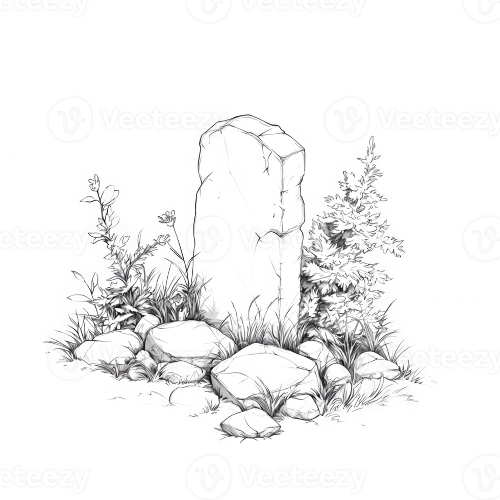 A mystical stone monument surrounded by lush plants and trees in a serene setting. png