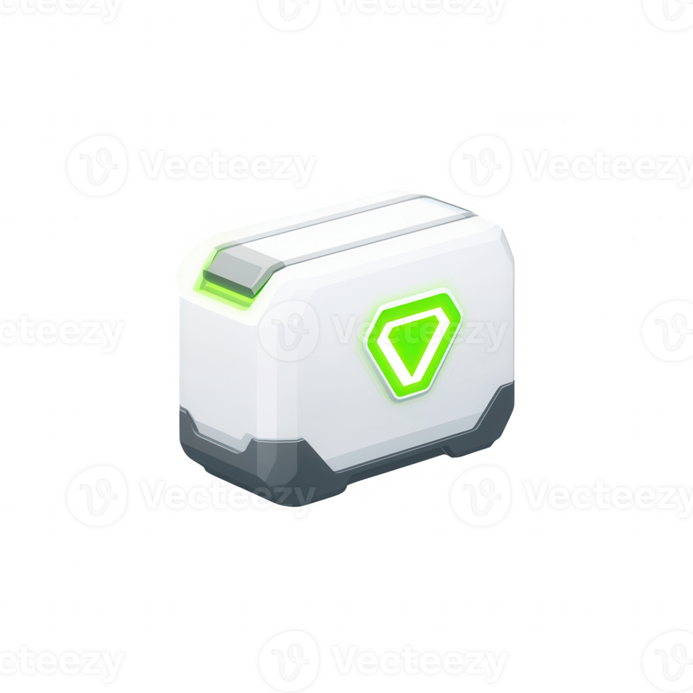 Futuristic storage box design with a green accent and streamlined shape. png