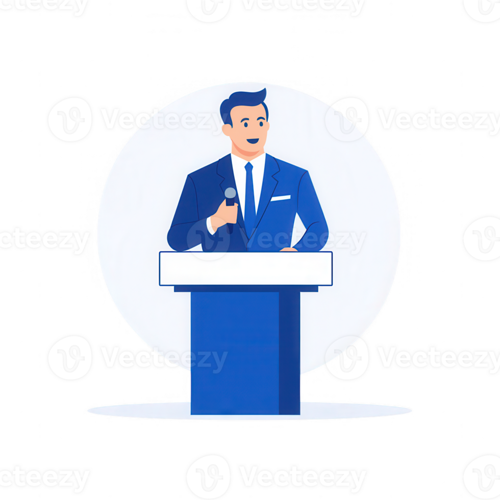 Businessman presenting at a conference with a microphone in hand, engaging the audience. png