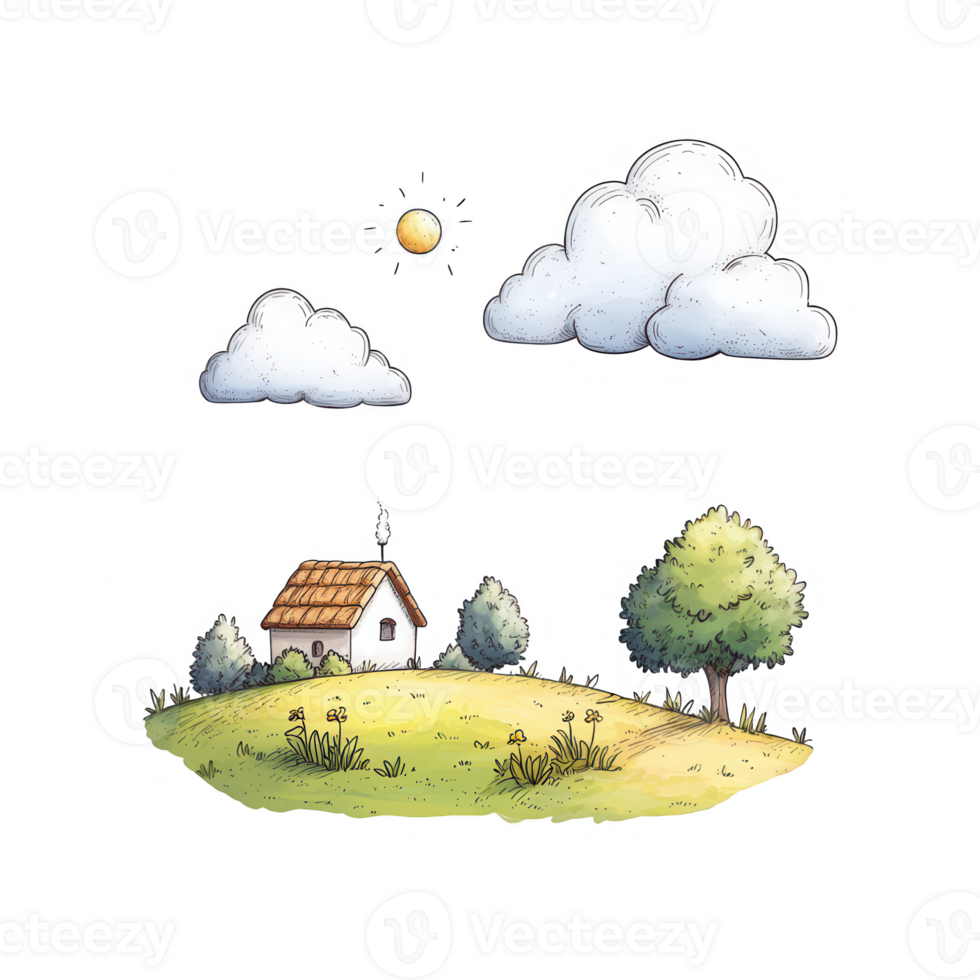 Charming illustration of a cottage in a tranquil landscape under a sunny sky. png