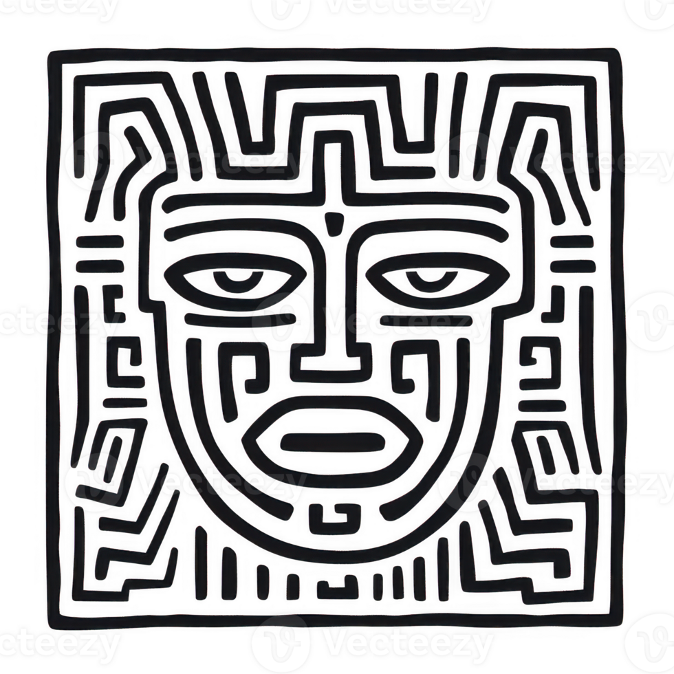 Abstract tribal face design with intricate maze patterns in black lines on a white background. png