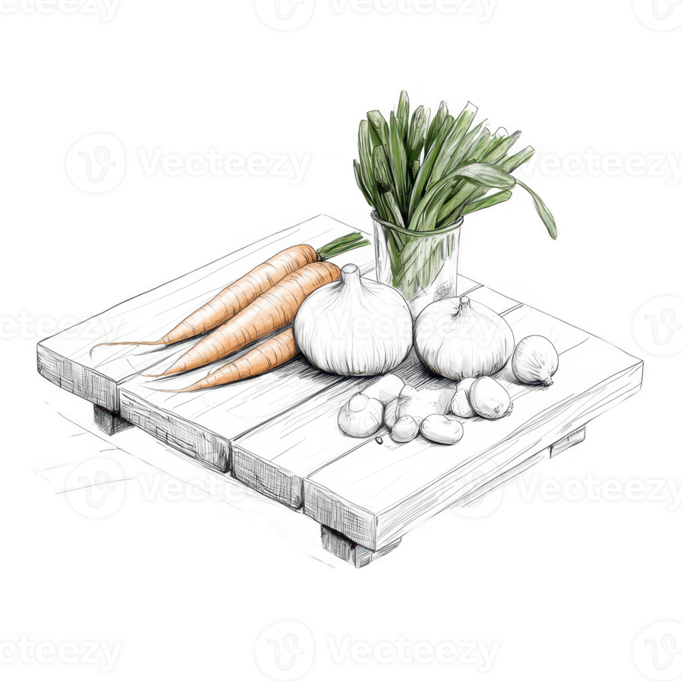Fresh vegetables arranged beautifully on a rustic wooden pallet. png