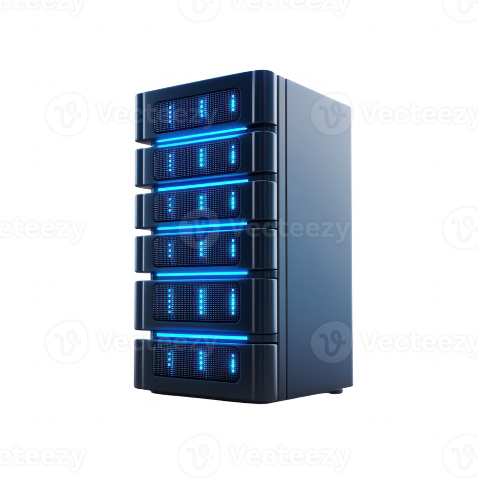 High-tech data storage server with glowing blue lights for enhanced performance. png