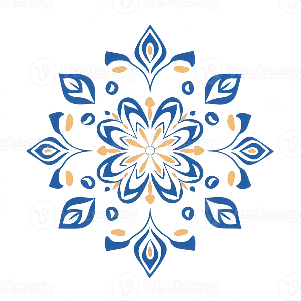 Intricate floral mandala design with blue and gold accents for creative projects. png