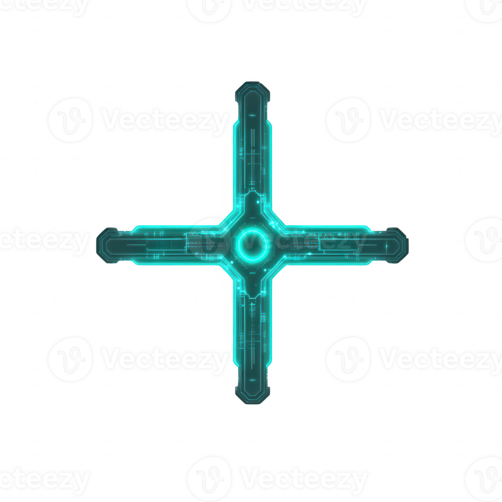 Futuristic technology symbol with glowing blue accents on a dark background. png