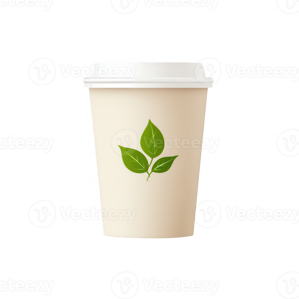 Eco-friendly coffee cup design featuring a green leaf logo on a neutral background. png